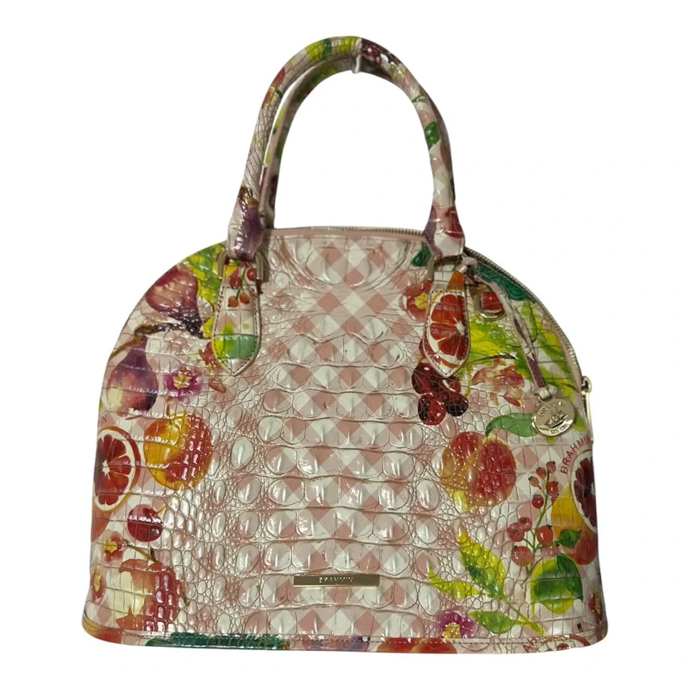 Brahmin Floral Embossed Leather Satchel in Pink, Green, Yellow, Orange